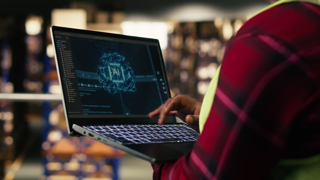 Worker Typing on Laptop Displaying Artificial Intelligence Software