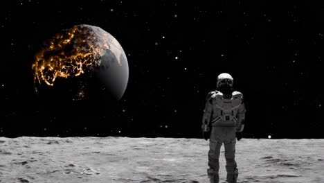 astronaut on the moon observing earth and an explosion