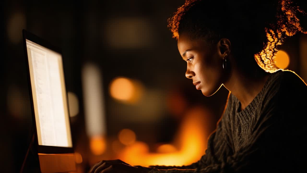 A Focused Individual Engrossed in Work at a Computer, Surrounded by a Warm Ambiance and Soft Lighting in a Contemporary Workspace