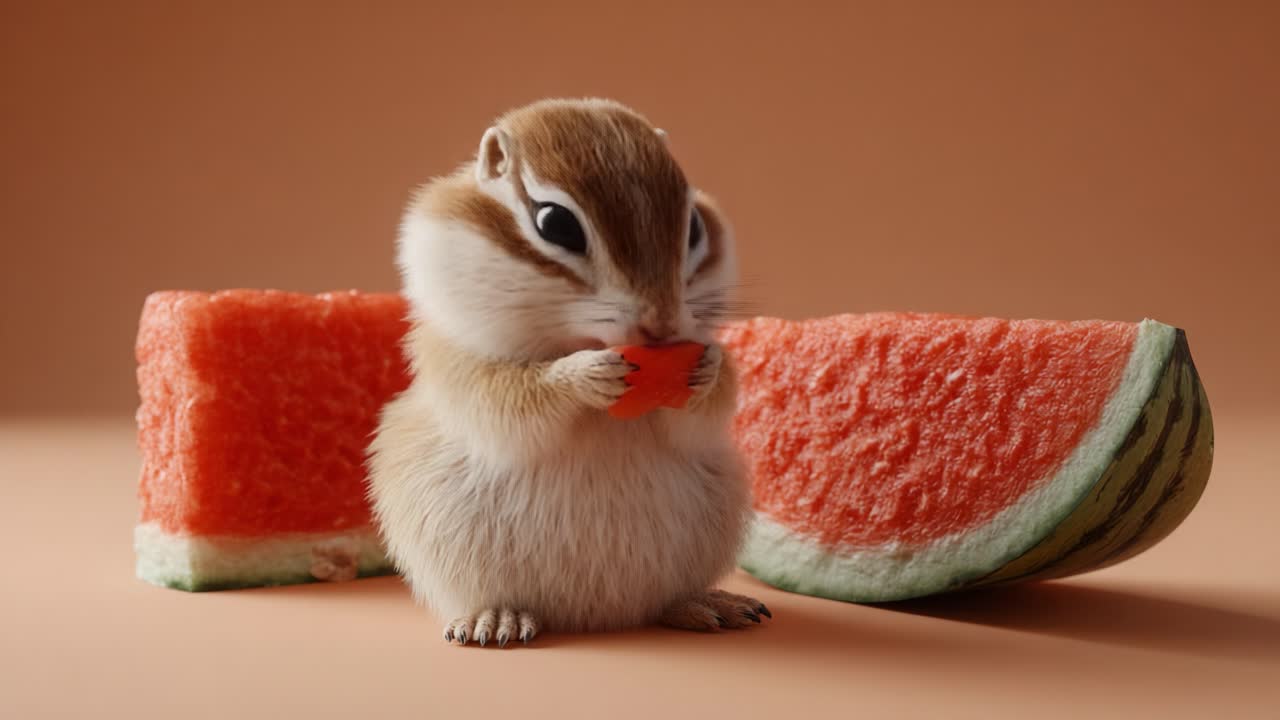 A charming chipmunk enjoys a delightful slice of watermelon, showcasing its playful nature and love for juicy treats, while posing adorably against a soft backdrop