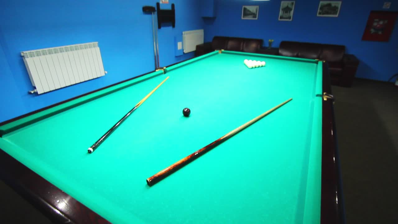 Billiard table before game. Pool table balls. Pool game room