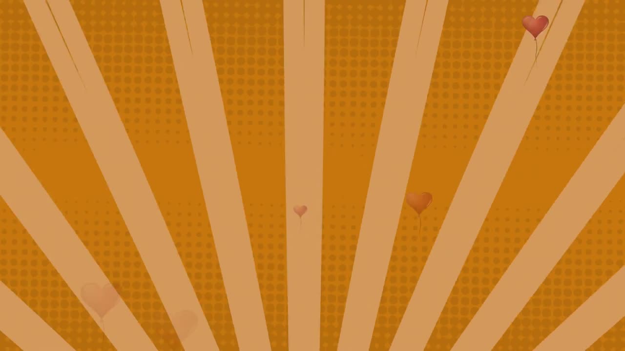 Animation of heart shaped balloons over rotating striped yellow background