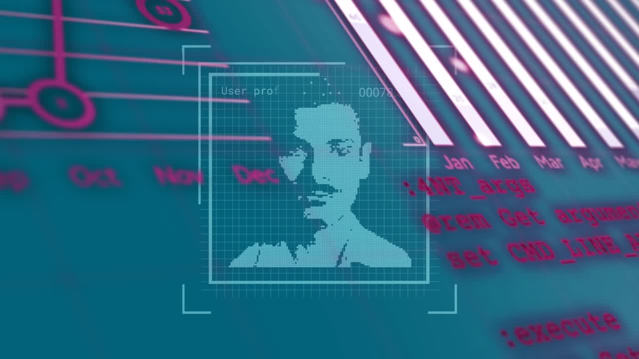Animation af databehandling med personportrætter på blå baggrund