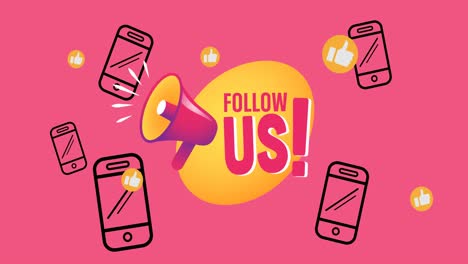 animation of fallow us text with megaphone over pink background