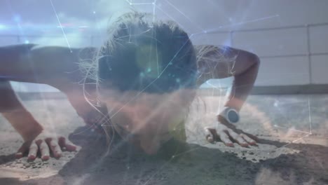 red brillante de conexiones contra mujer caucásica mujer realizando ejercicios de flexión