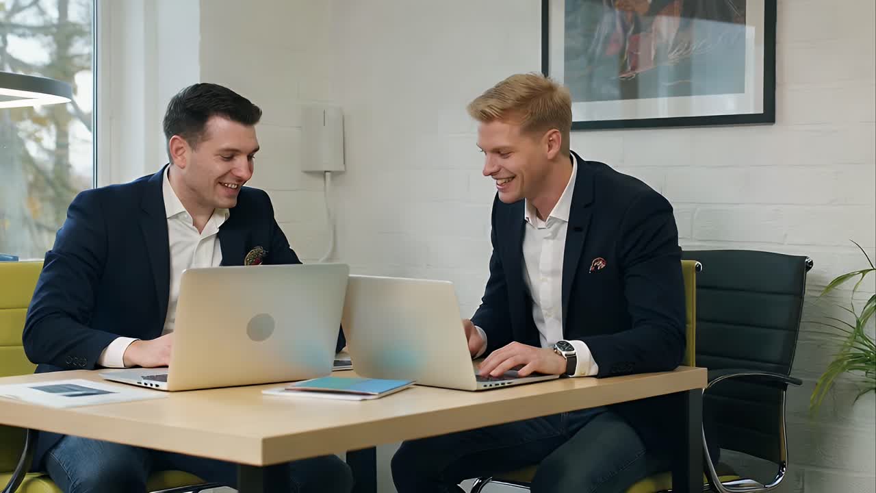 Two Young Male Colleagues Smiling and Working Together on Laptops in an Office.