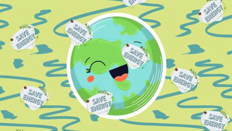 animation of save energy text over smiling globe on blue and green background