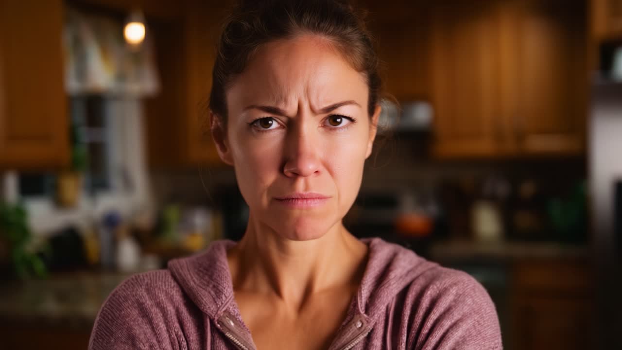 Frustration and Displeasure Captured in an Intense Expression: A Woman's Strong Emotion Amidst a Homey Kitchen Background