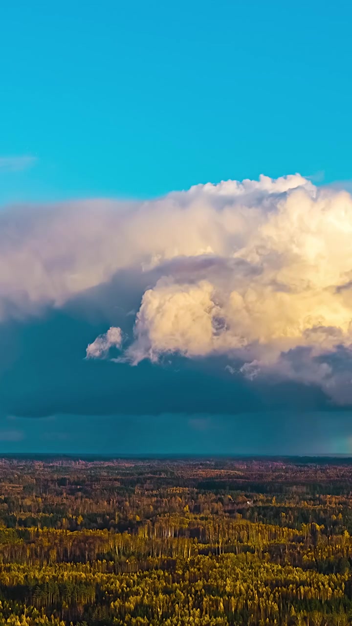 Vertical aerial timelapse shows towering storm clouds glowing gold and pink at sunset above vast autumn forest below vivid blue sky