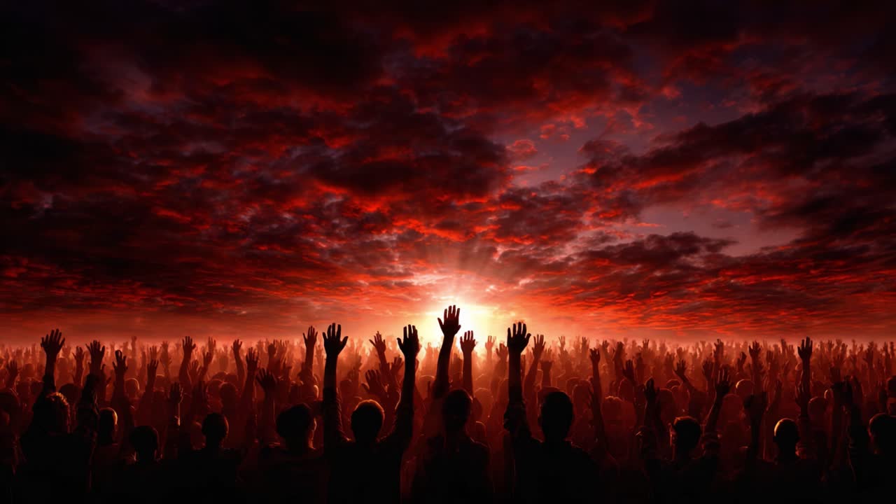 A powerful gathering at sunset, with raised hands of a passionate crowd silhouetted against a vivid sky, symbolizing unity, hope, and collective aspiration in a transformative moment