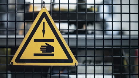 yellow factory safety sign on grid at industrial plant machine background