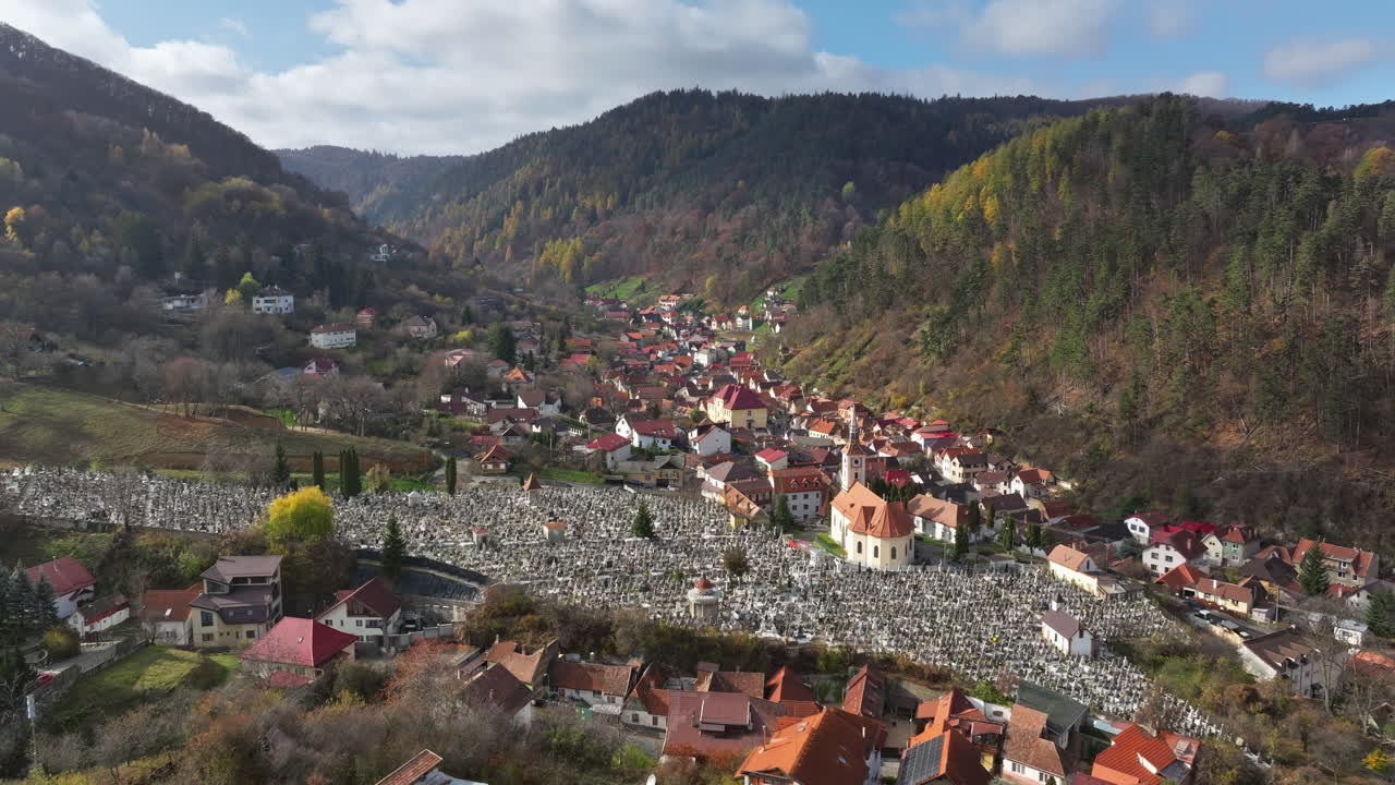 Aerial drone view of the city center of Brasov in south-eastern Transylvania, Romania surrounded by mountains
