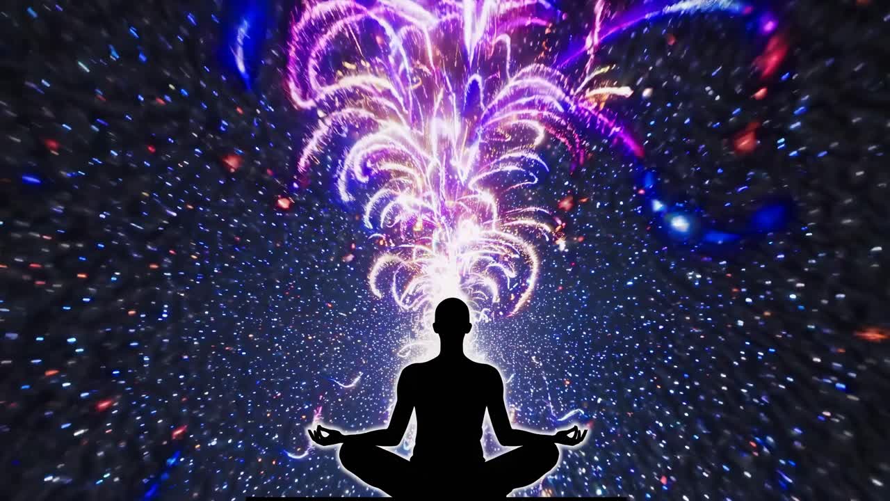 Silhouette of a person meditating, viewed from behind, with a cosmic explosion of colors
