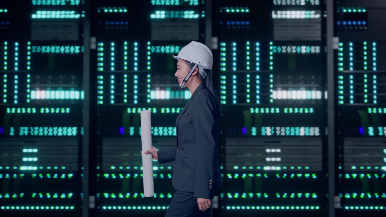 Side View of Asian Businesswoman Holding Blueprint While Walking in Server Room Data Center