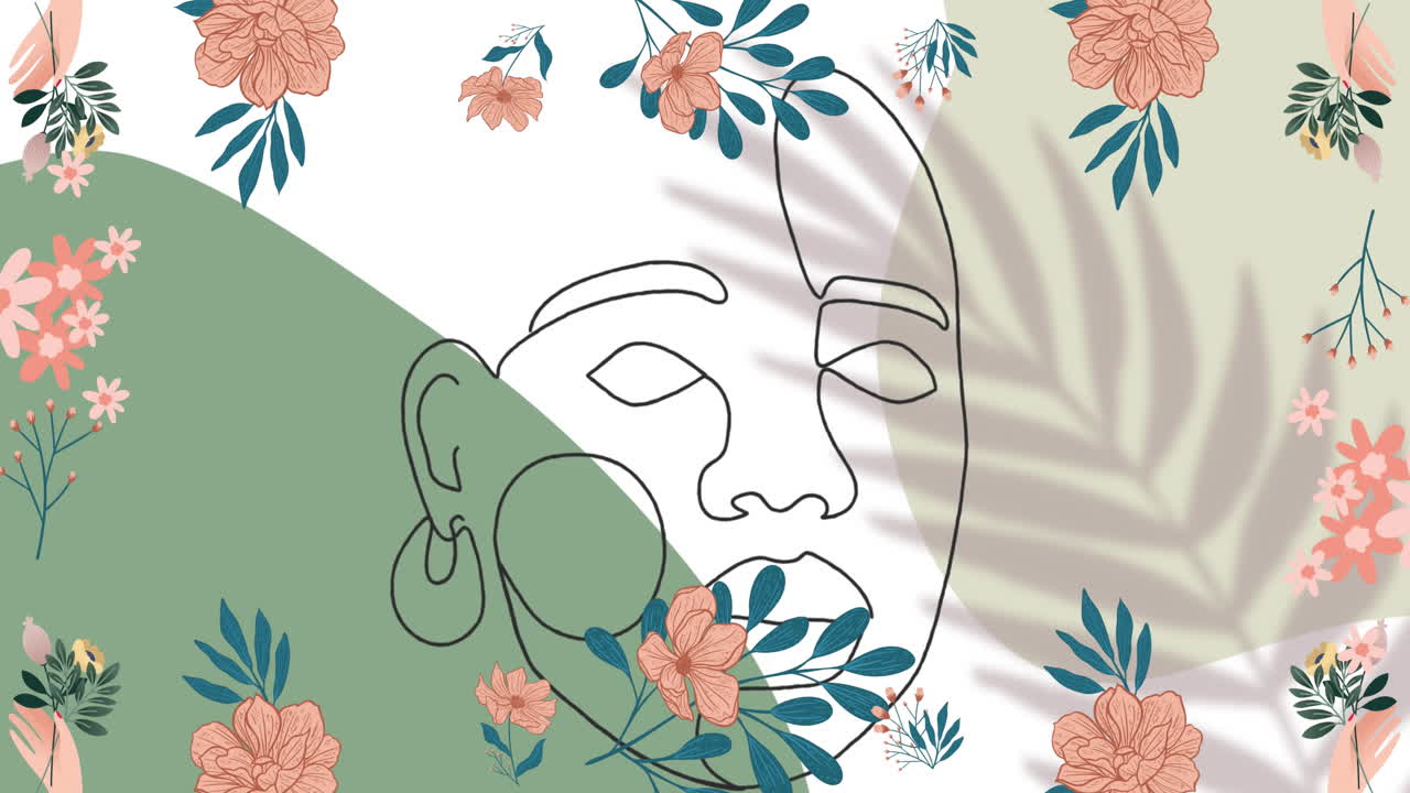 초록색과  ⁇ 색 배경에 꽃과 얼굴 그림의 애니메이션