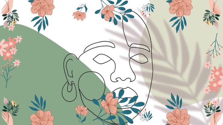 Animation of flowers and face drawing over green and white background
