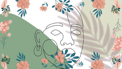 animación de flores y dibujo de rostros sobre fondo verde y blanco
