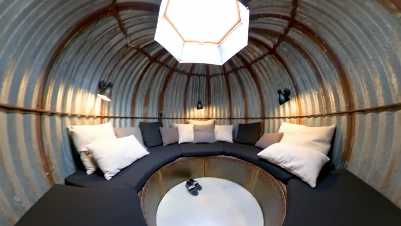 Inviting and Cozy Circular Seating Nook with Soft Cushions and Ambient Lighting in a Unique Metal Structure for Relaxation and Socializing