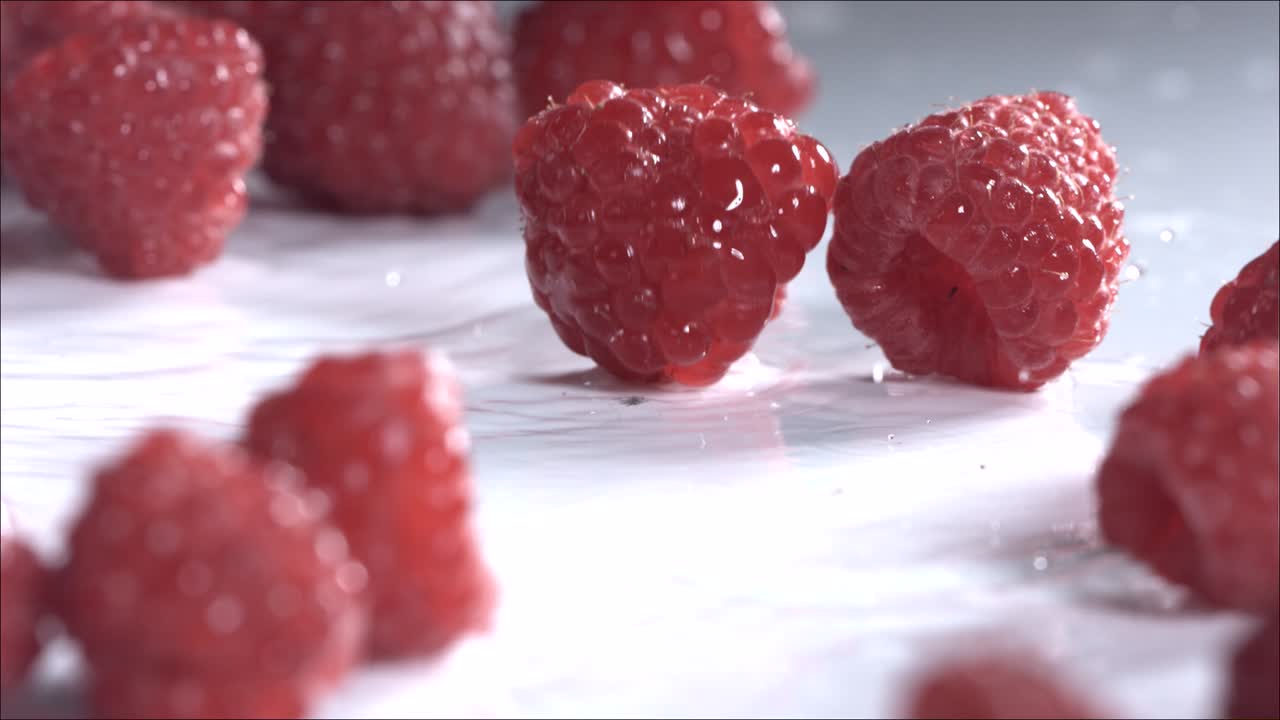하 바탕에 굴러 내려오는 라즈베리. 느린 동작