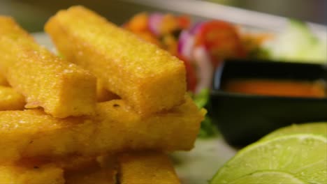 órbita lenta y enfoque rack de plato con patatas fritas polenta, ensalada y filete de pargo rojo