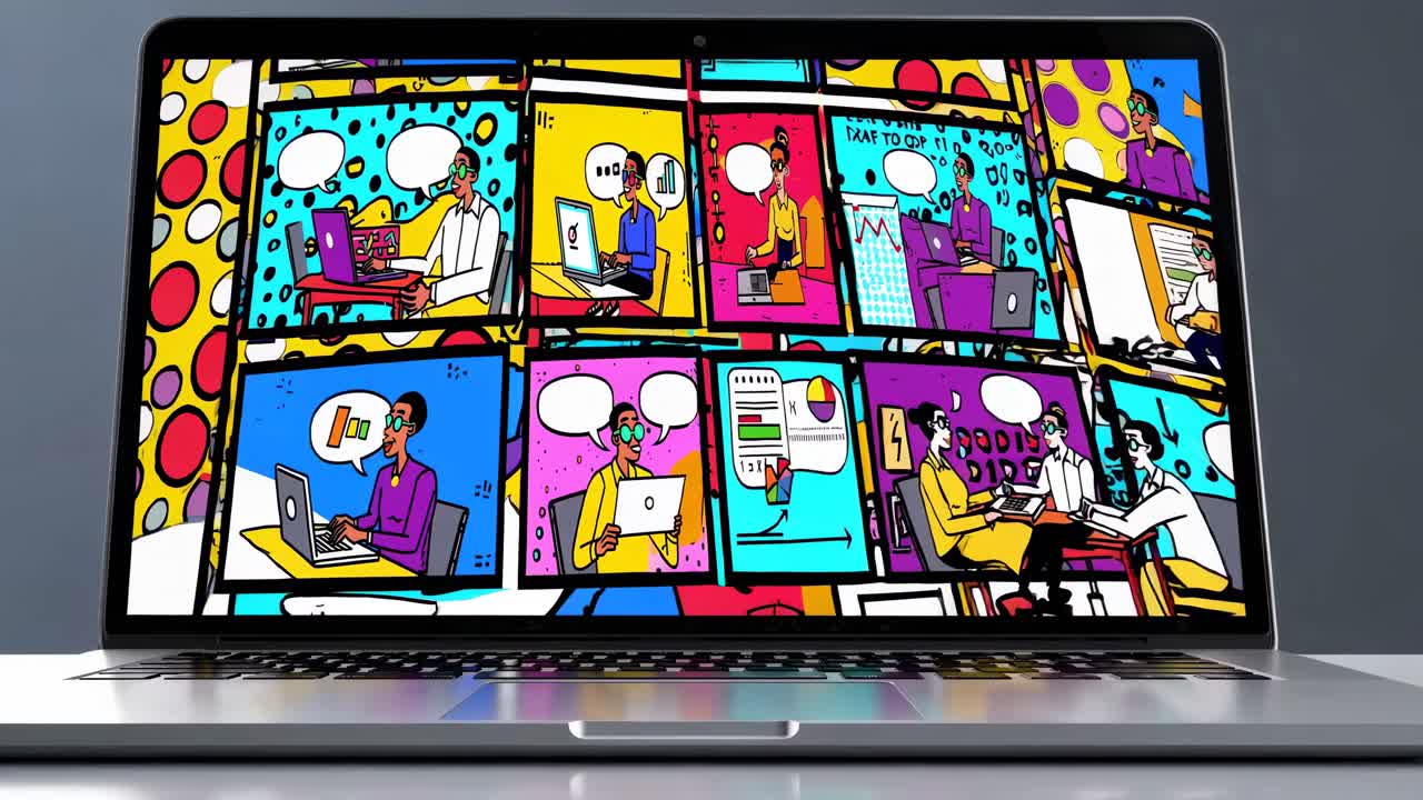 reunión de negocios de estilo cómico en la pantalla del portátil