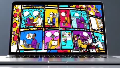 reunión de negocios de estilo cómico en la pantalla del portátil