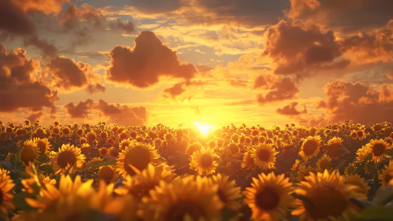 A stunning video still of a sunflower field at sunset, captured from a low angle