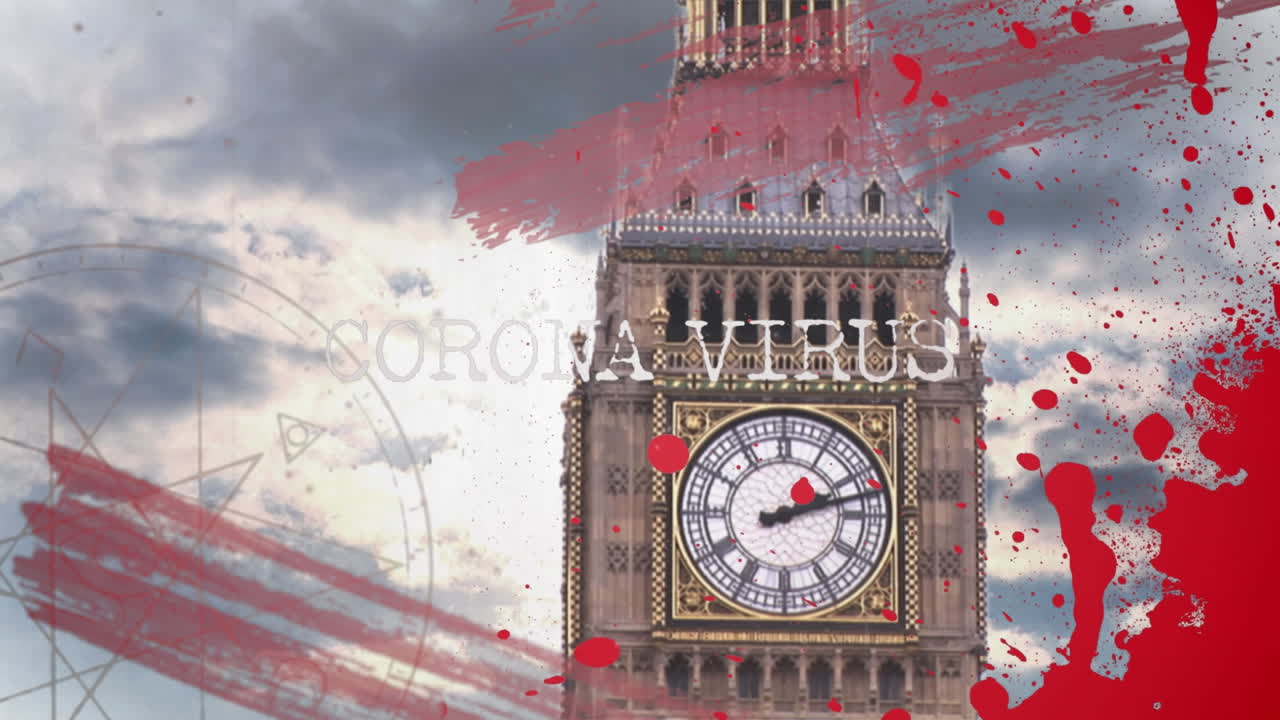 도시 풍경 위의 그래픽과 함께 코로나 19 텍스트의 애니메이션