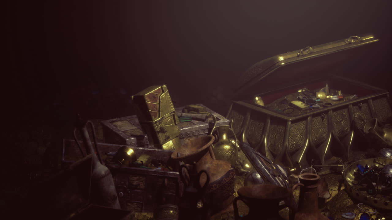 Hidden treasures in a mysterious chest surrounded by ancient artifacts