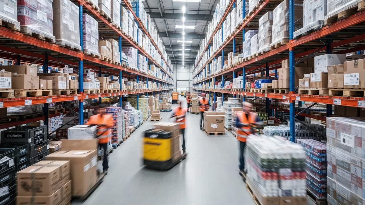 Dynamic Warehouse Operations: Employees Efficiently Moving Goods and Managing Inventory in a Well-Organized Storage Facility Full of Products