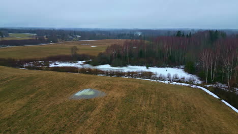 campos y bosques a principios de la primavera con pantanos congelados, vista aérea