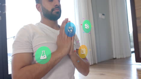 animación de iconos de los medios sobre el hombre biracial meditando