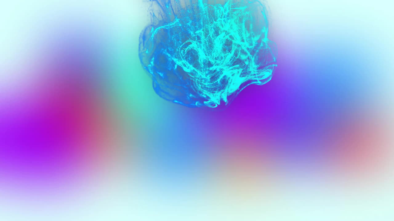 Neon?blue and turquoise swirling particle cloud hovering over blurred magenta purple cyan canvas
