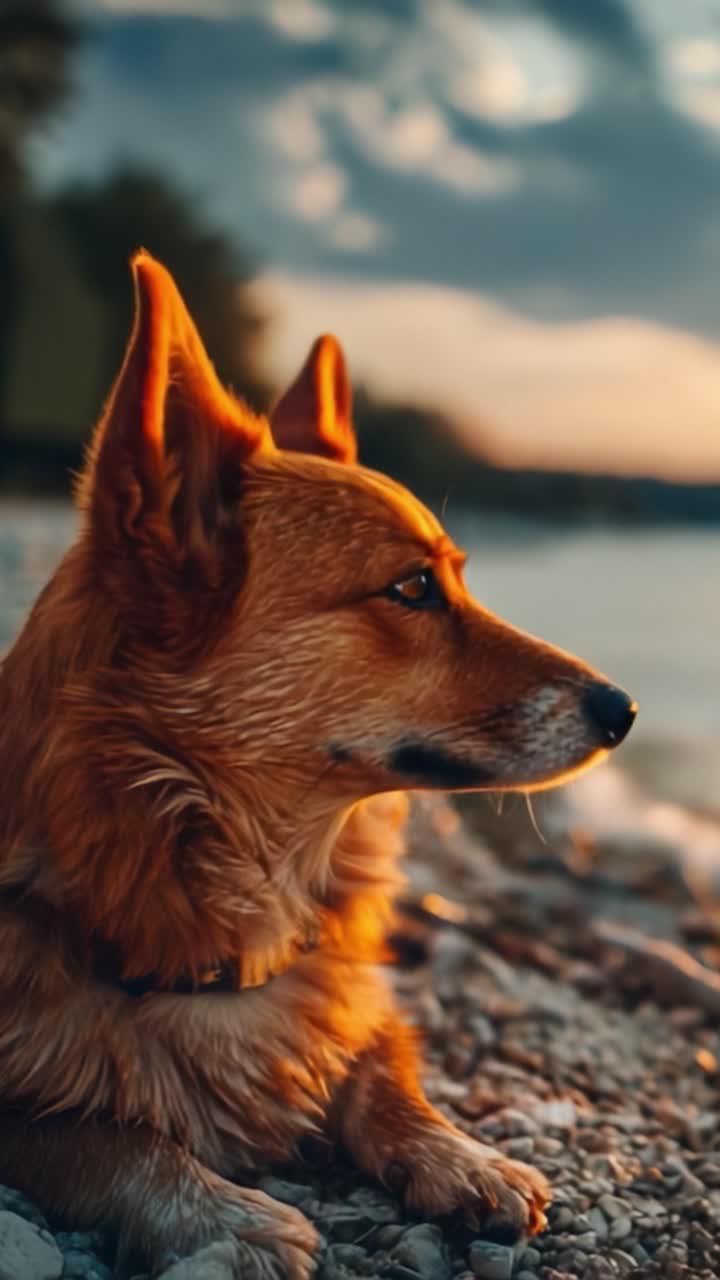 Su Kenarında Gün Batımının Keyfini Çıkaran Huzurlu Bir Corgi, Doğanın Kucağında Altın Saatin Sıcak Parıltısını Yakalıyor