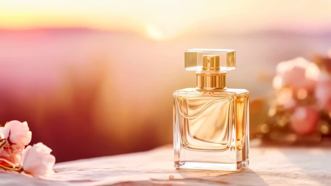 Elegante flacone di profumo su un tavolo illuminato dal sole, circondato da delicati fiori rosa