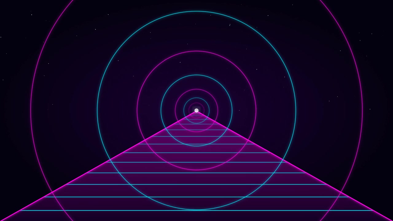 Retro Synthwave Style Grid Tunnel with Pulsing Neon Circles