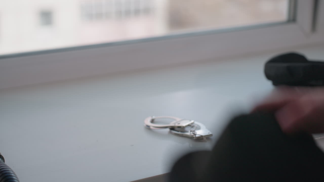 close up of hand of young man retrieving belongings from white windowsill featuring black felt hat silver handcuffs security cap soft natural light subtle shadows minimal interior scene