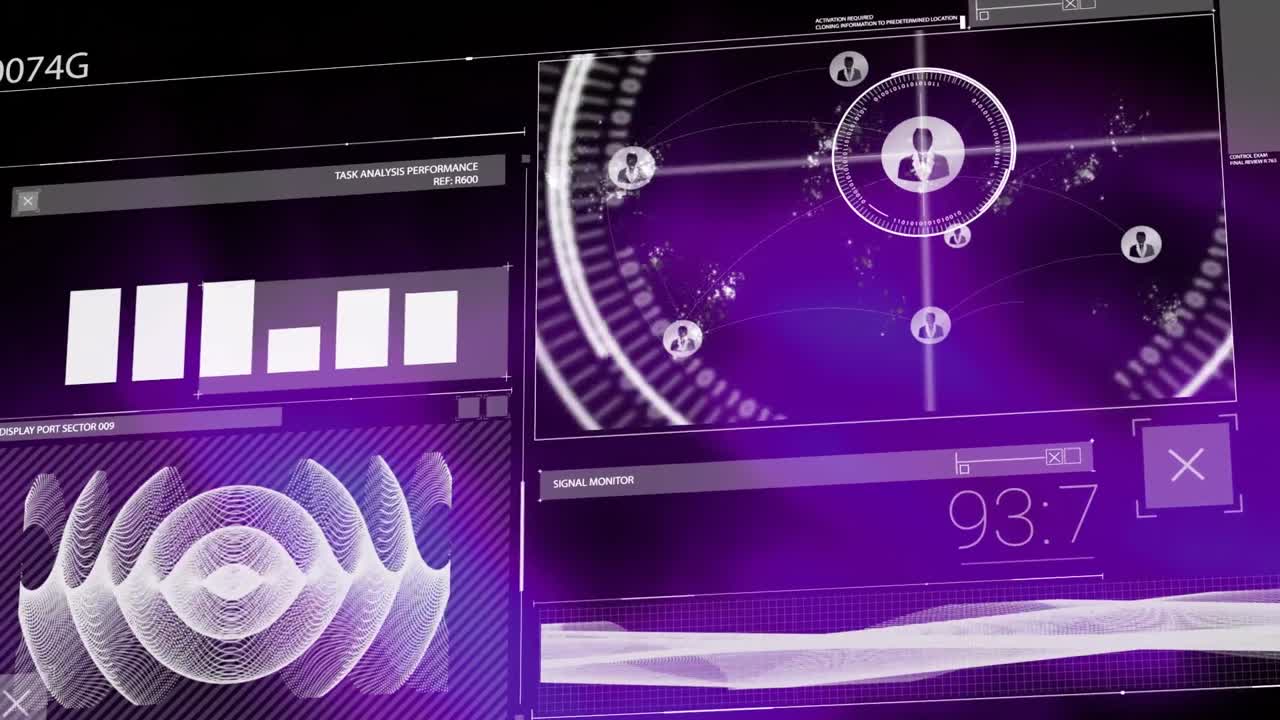 프로필 아이콘, 그래프, 음파 및 추상적인 배경에 대한 변하는 숫자의 애니메이션