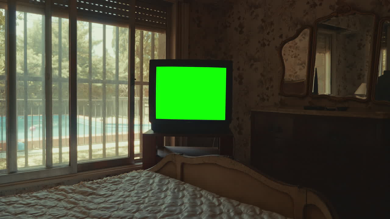 Old Television with Green Screen in a Vintage Bedroom with Pool View