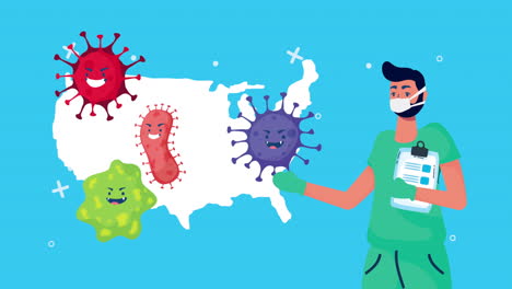 doctor showing virus types over a map of the united states