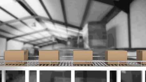 animación de cajas de cartón que se mueven en cinta transportadora en el almacén