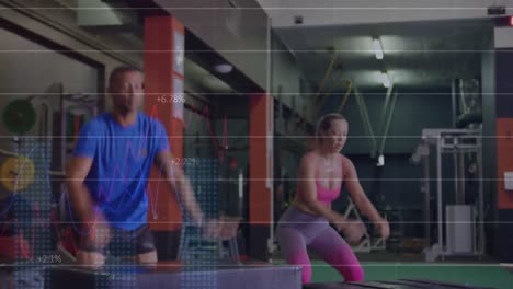 animation of data processing over diverse sports people at gym