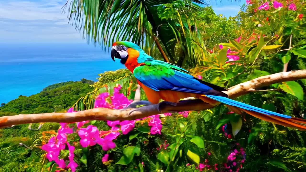 Colorful Parrot Perched in a Tropical Jungle Overlooking the Ocean
