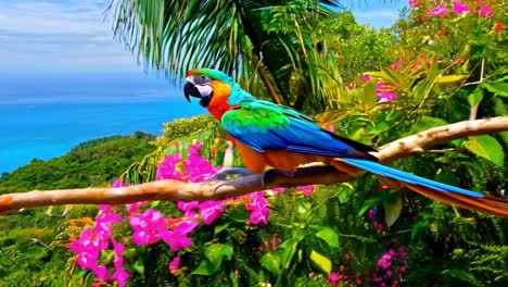 colorful parrot perched in a tropical jungle overlooking the ocean