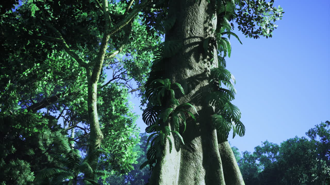 Lush forest scene with tall trees and green foliage