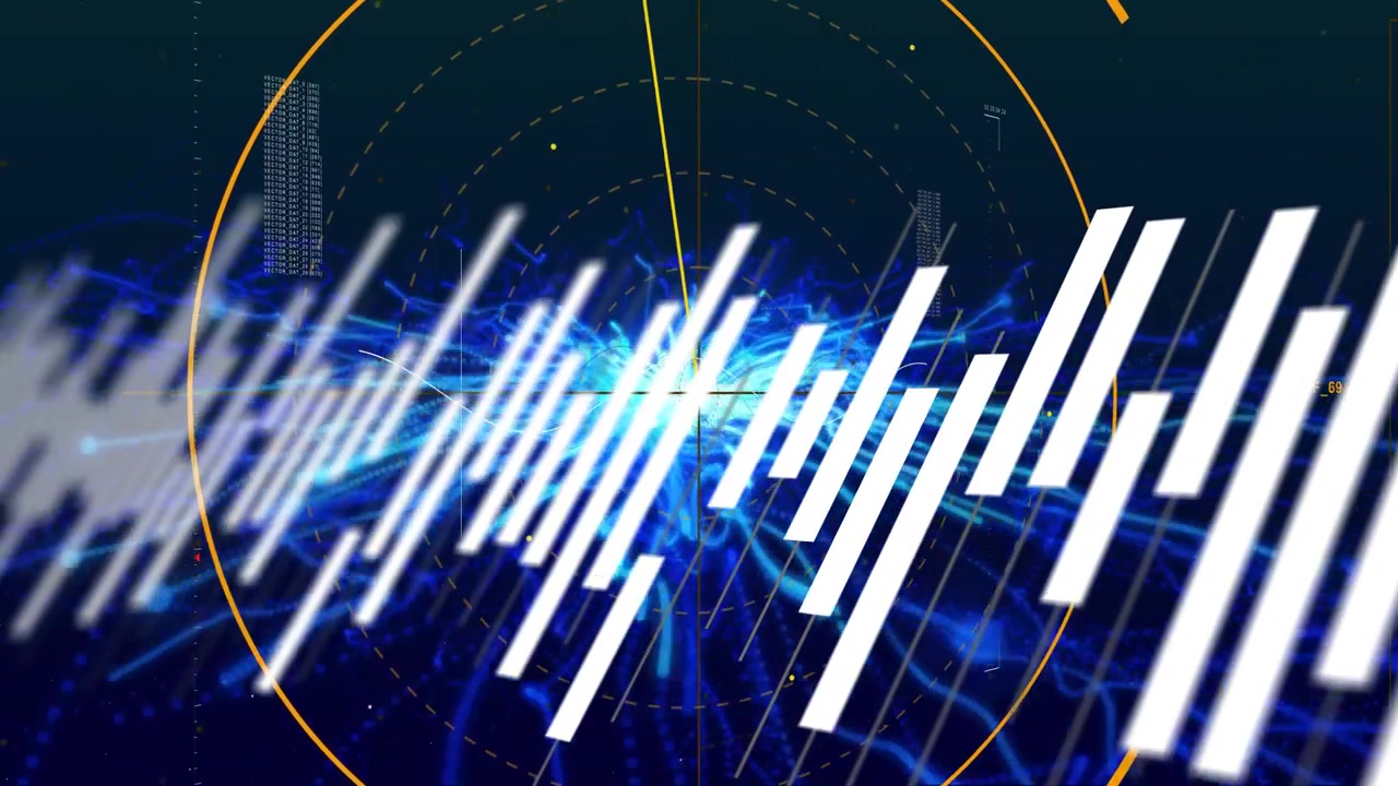 Blue core pulsing and sending tendrils, white bars sliding right and expanding showing data flow