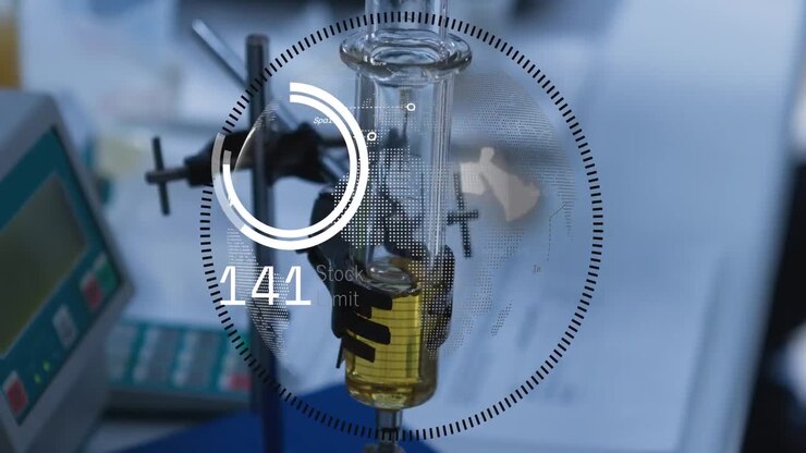 Animation af databehandling og globus over reagensglas i laboratorium