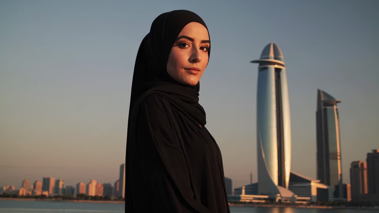 Elegant businesswoman wearing a traditional black abaya and hijab is posing with Jeddah's modern skyline and the prominent headquarters of a Saudi Arabian bank in the background during sunset