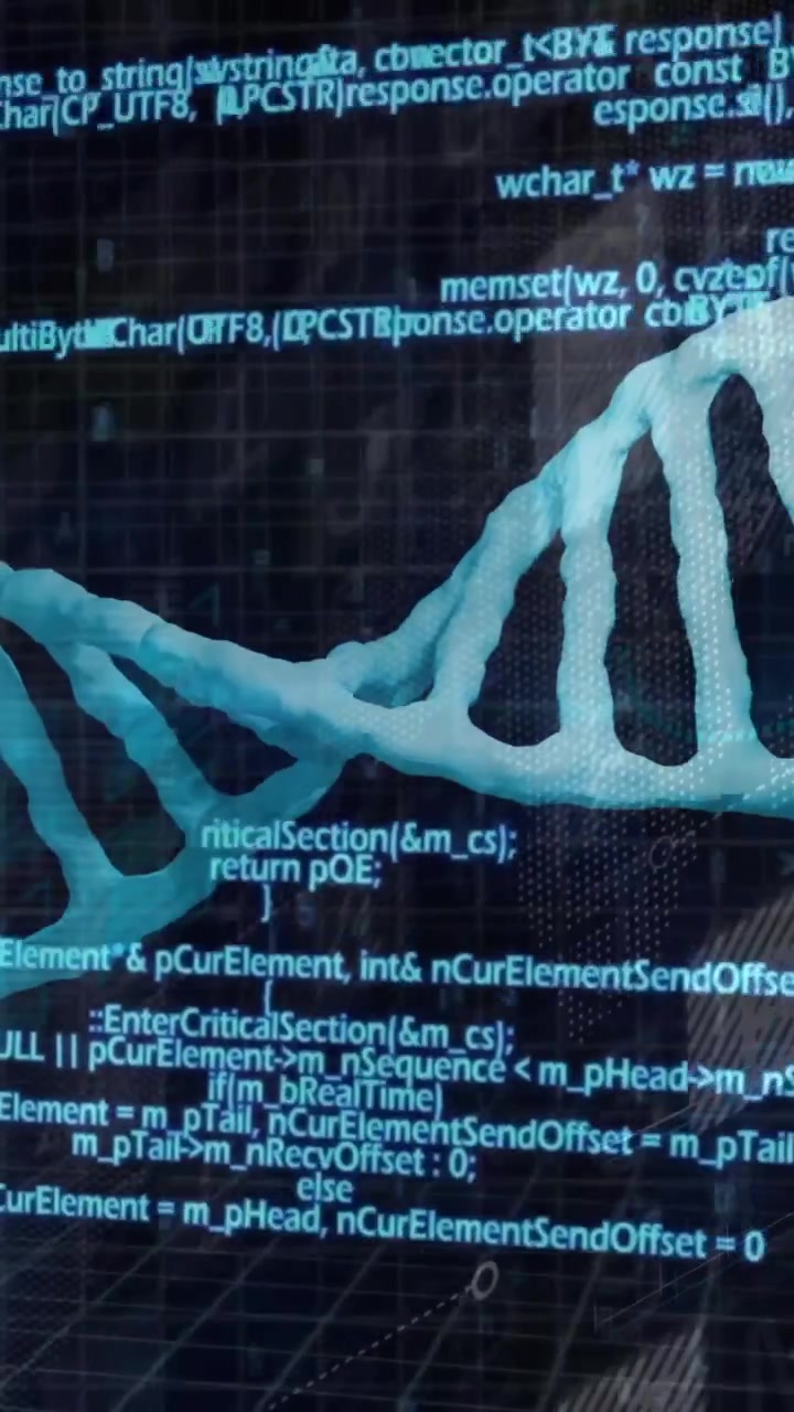 DNA strand and binary coding, scientific data processing animation