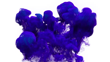 tinta de partícula. tinta azul 3d inyectada en agua sobre fondo blanco con luma matte como canal alfa. efecto de tinta con pluma de tinta masiva. puffs de pintura bajo el agua para efectos o fondo brillante.